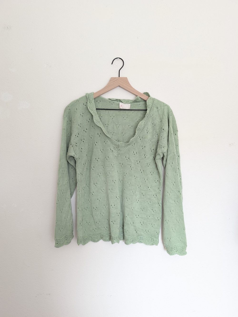 Vintage Matcha Light Green Eyelet Knit V-Neck Top